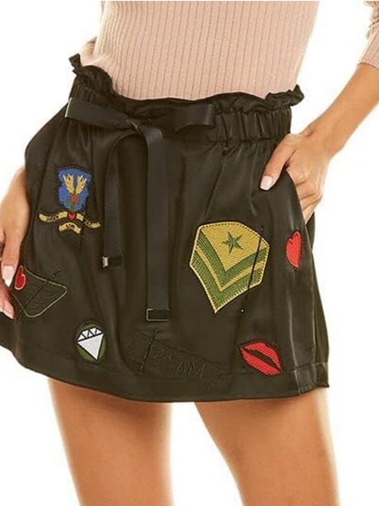 Ramy Brook Dresses & Skirts - Ramy Brook Carsie Patch Mini Skirt Black Satin Patches Beaded Size Small